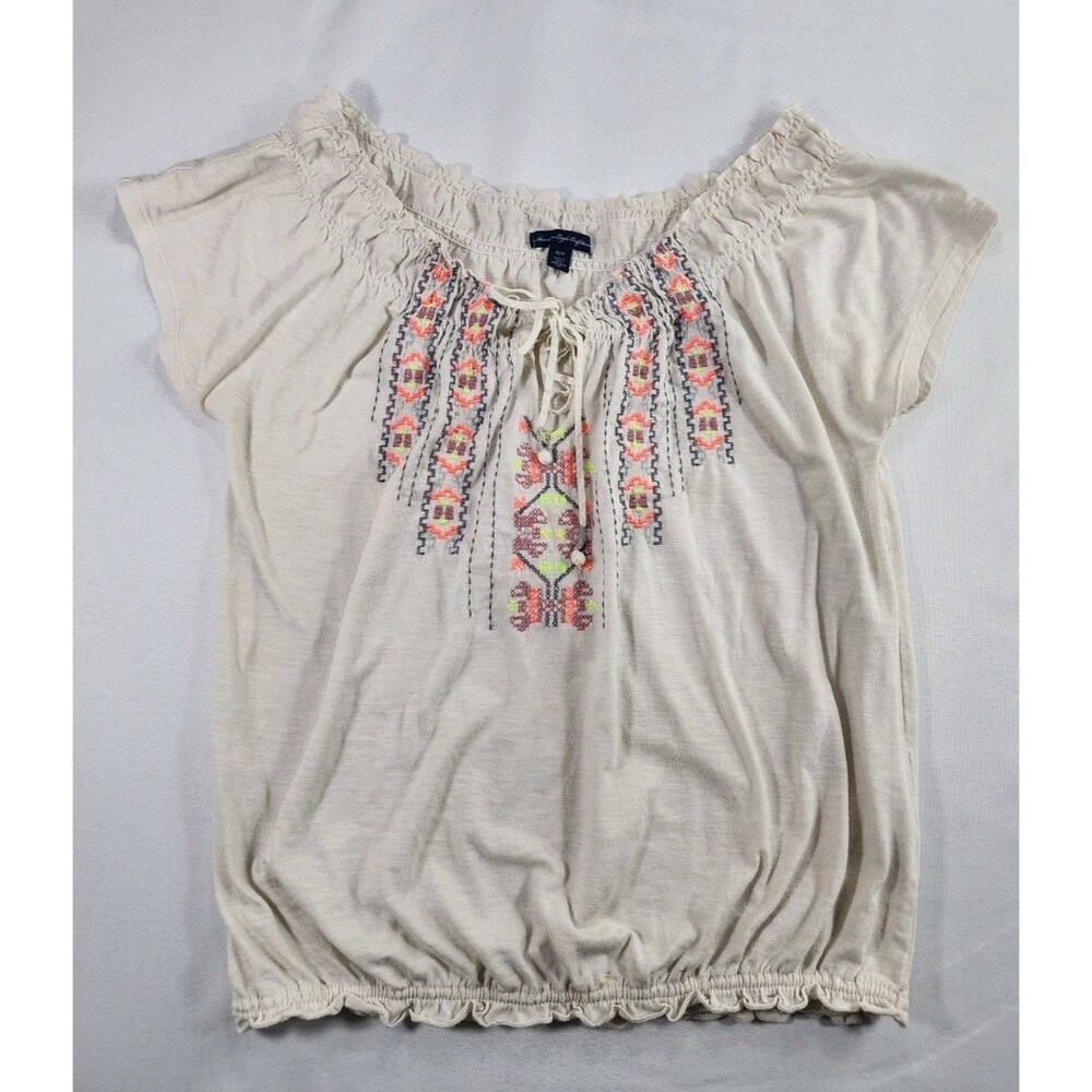 American Eagle Outfitters Boho Embroidered Peasant Top Cream M Smocked